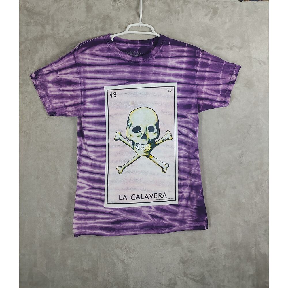 Women Boyfriend Fit T-Shirt Loteria La Calavera Graphic Size X-Sm Purple Tie-Dye